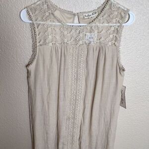 Indigo Rose Size Medium Peasant Midi Shift Dress‎ Cottage Core Boho Beige Lace